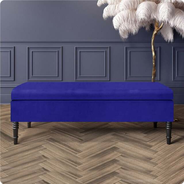 Safar Plain 150cm Ottoman Storage Bench - Plush Velvet Shoe Bench - Sapphire Blue Upholstery Footstool with Storage
