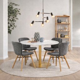 Corby Round Dining Table with White Polished Marble Top & Gold Base inc 4 Batilda Dining Chairs in Grey/Oak Legs