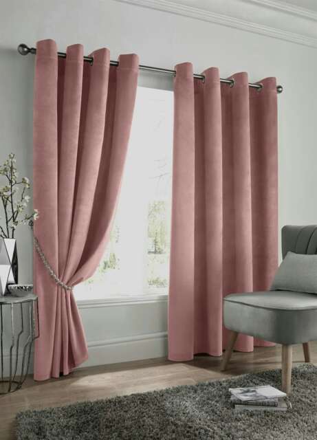 Velvet Look Eyelet Ring Top Blackout Curtains - 117cm x 137cm - Blush