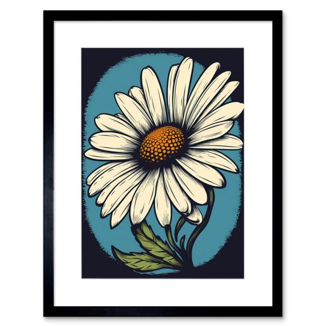 "A Single Daisy Flower Bloom Bold Rockabilly Americana 50s 9x7"" Black Framed Wall Art Print"
