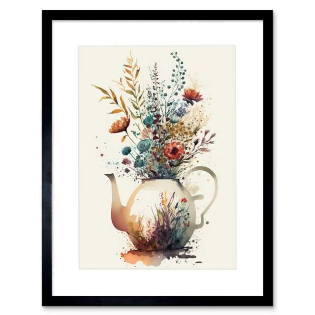 "Wildflower Bouquet Teapot Vase Floral Design 9x7"" Black Framed Wall Art Print"