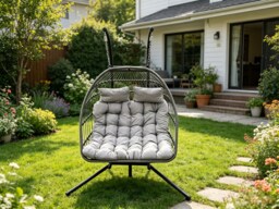 Fimous Rattan Garden Hammock Double Hanging Egg Chair Indoor Outdoor Patio Furniture with Grey Cushion