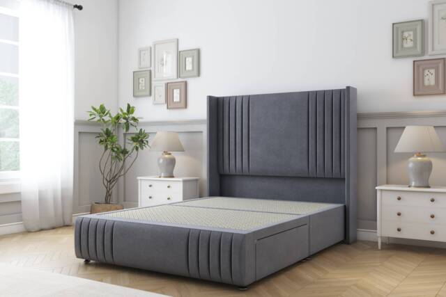 Sloomy Camden Steel Plush Divan Bed Base 2 Drawers Foot-End With 54 Inch Wingback Headboard & 12 Inch Matching Footboard Grey Steel Small Double 1