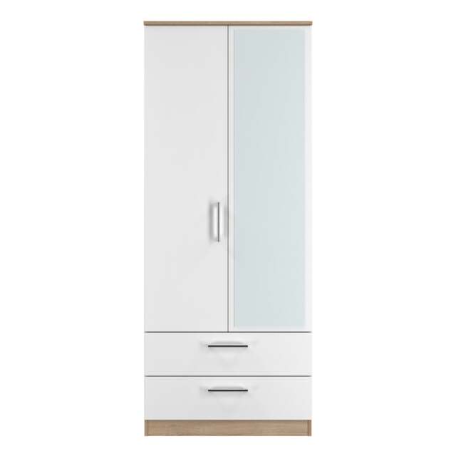 Cornwall 2 Drawer Double Mirrored Wardrobe in White Matt & Bardolino Oak (Ready Assembled) White White Matt & Bardolino Oak