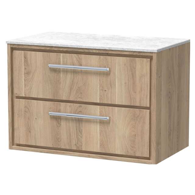 Balterley Longnor 2 Drawer Wall Hung Vanity Unit with White Marble Worktop, Light Oak, 800mm