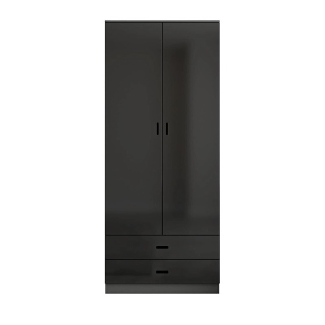 Glossy Tall 2 Door Wardrobe Bedroom Storage with Hanging Rail Modern Furniture Black Black Carcass & Black Drawers 1