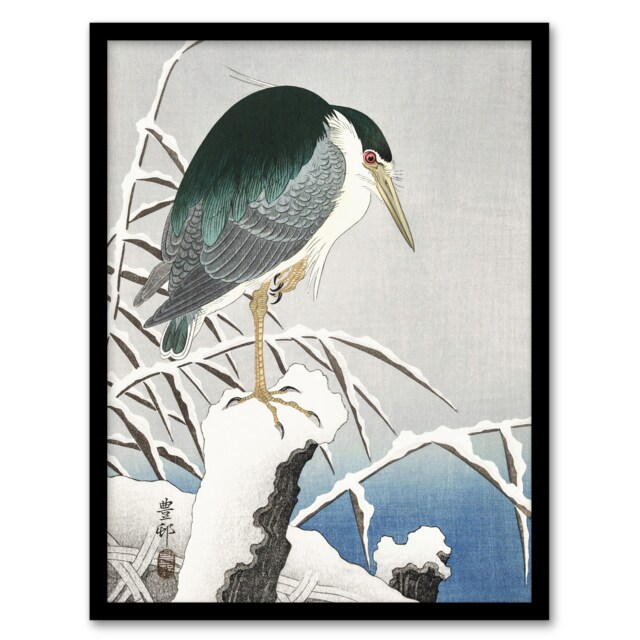 "Heron In Snow Vintage Bird Ukiyo E Japanese Framed Wall Art Print Koson 12x16"""