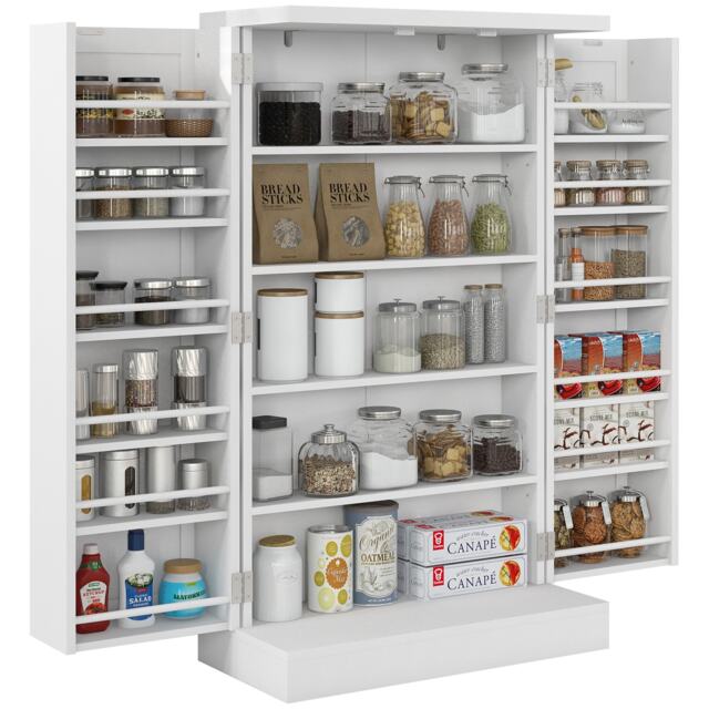 HOMCOM Kitchen Cupboard, 104cm Freestanding Pantry Cabinet, Kitchen Storage Organiser with Double Doors, 5 Tiers, 12 Spice Racks and Adjustable Shelves, White