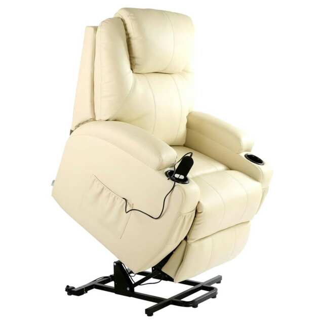 Cinemo Single Motor Rise Recliner Bonded Leather Heat & Massage Chair (Cream)