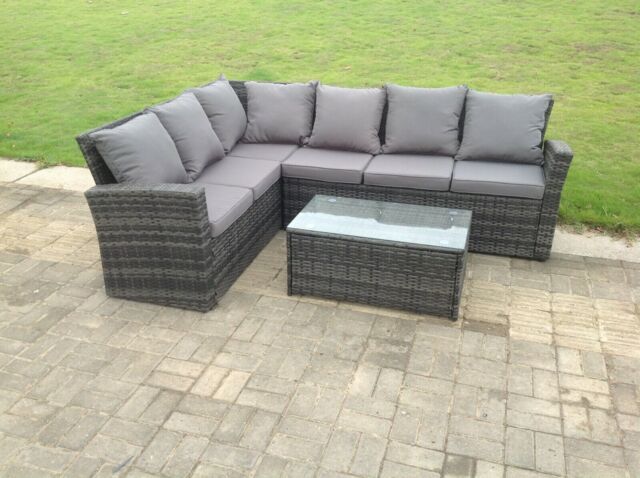 Fimous High Back Rattan Corner Sofa Set Oblong Coffee Table Outdoor Furniture dark Grey Left Option
