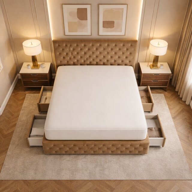 6FT Superking Beige Plush Velvet Divan Bed With Headboard & Footboard and Memory Sprung Mattress No Drawers