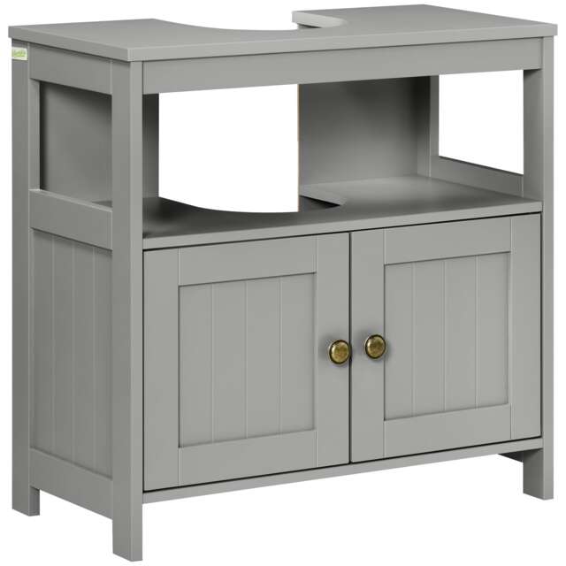 kleankin Bathroom Pedestal Under Sink Cabinet with Storage Shelves, Door, Grey Grey Grey