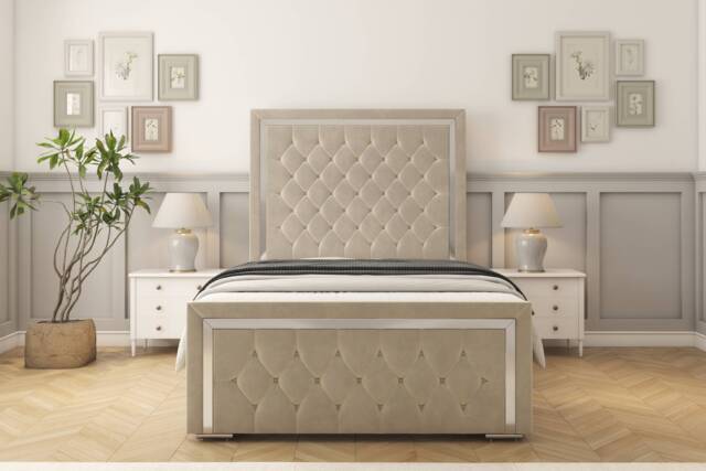 "Sloomy Sofia Chrome Cream Plush Bed Frame With 50"" Upholstered Headboard 6' Super King"