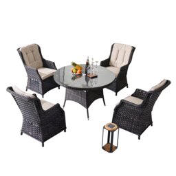 Direct Wicker Outdoor 5 Pieces Rattan Dining Table Chairs Set, Aluminum Round Table with Tempered Glass, 4 Armchairs Brown