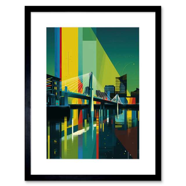 "Glasgow Bells Bridge Modern Geometric Cityscape 9x7"" Black Framed Wall Art Print"