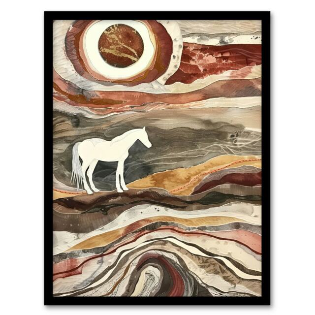 White Abstract Horse France Landscape Black Framed Wall Art Print A4