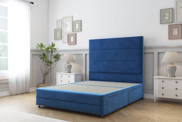 Sloomy Monaco Navy Plush Divan Bed Base 2 Drawers Foot-End With 54 Inch Floor Standing Headboard & 12 Inch Matching Footboard Blue Navy King 1