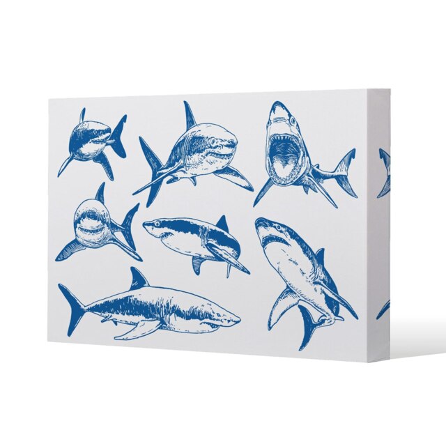 Graphical set of blue sharks isolated on white background (Canvas Print)