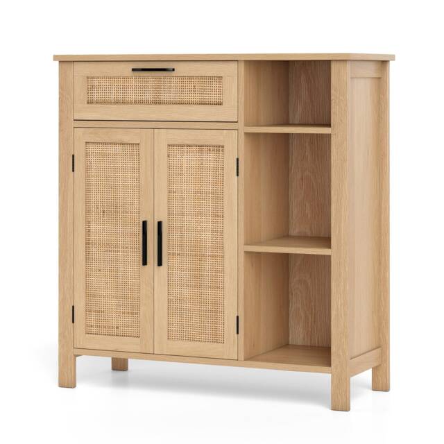 COSTWAY Wooden Buffet Sideboard Storage Cabinet w/2 Rattan Woven Doors-Natural
