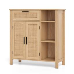 COSTWAY Wooden Buffet Sideboard Storage Cabinet w/2 Rattan Woven Doors-Natural