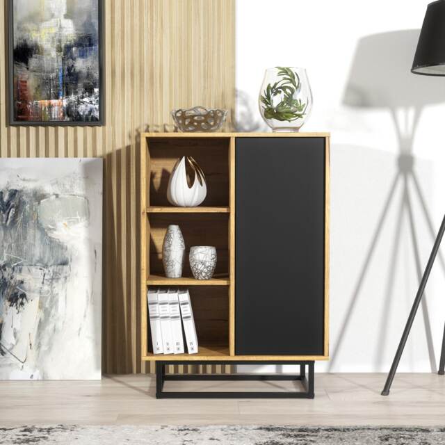 Sideboard Cabinet Display Cabinet Bookcase Storage Cabinet Oak Black Door Shelf Unit 70cm