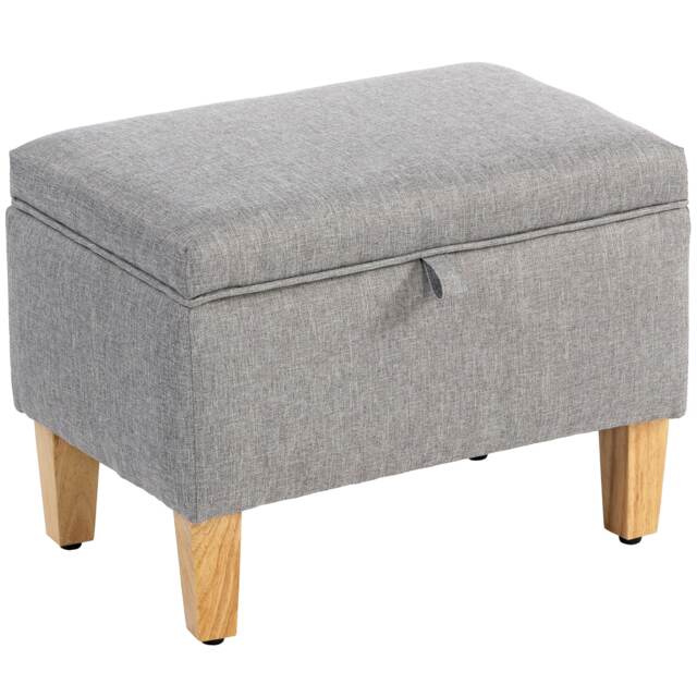 HOMCOM Linen Storage Ottoman Storage Box with Rubberwood Legs, Light Grey Grey