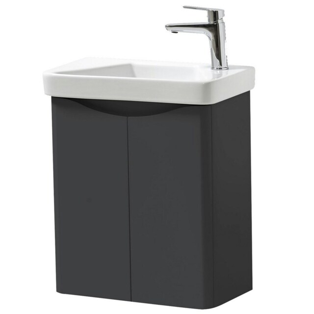 Bathroom Wall Mounted 2 Door Cloakroom Unit and Ceramic Basin 500mm Wide - Matt Graphite - (Arch) - Brassware Not Included Grey Grey 1