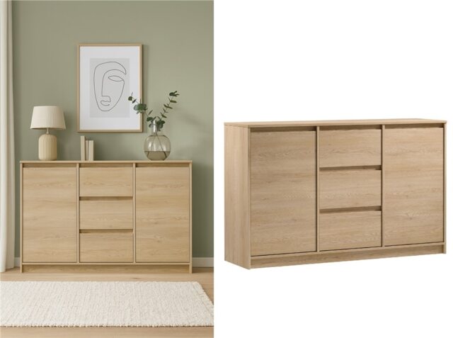 Sideboard with Drawers Modern Cabinet Storage Unit Handleless White Washed Oak Effect 140cm Wide Mana