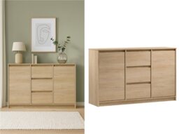 Sideboard with Drawers Modern Cabinet Storage Unit Handleless White Washed Oak Effect 140cm Wide Mana