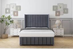 "Sloomy Melbourne Steel Plush Divan Bed With Mattress 2 Drawers Footend With 54"" Wingback Headboard & 12"" Matching Footboard 4'6 Double Grey Steel Double 1"