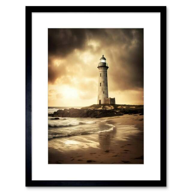 "Atmospheric Lighthouse Photo Beach Sepia Seascape 9x7"" Black Framed Wall Art Print"