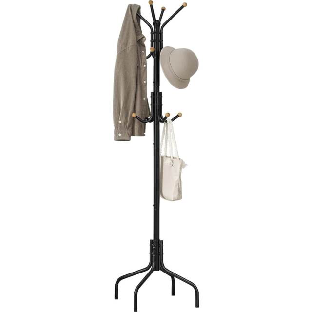 Freestanding Metal Coat Rack with 12 Hooks and 4 Legs, Organiser for Hallway or Office, Black