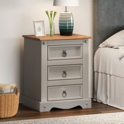 Mercers Furniture Corona Grey Wax 3 Drawer Bedside Cabinet LARGE Chest Table Solid Wood Pine Wooden Bedroom with Mexican Styling
