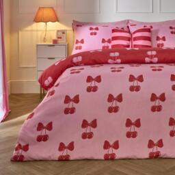 OHS Cherry Bow Bedding Set Microfibre Reversible Duvet Cover with Pillowcase Pink Pink/Red King