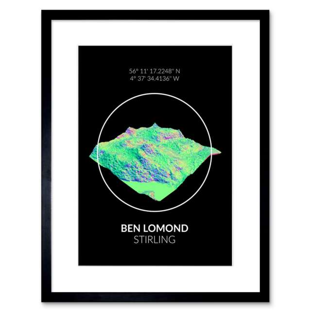 "Ben Lomond Mountain Neon Topography Perthshire Scotland 9x7"" Black Framed Wall Art Print"