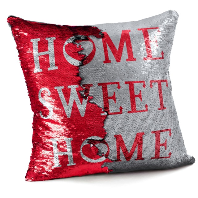 Fun Sequins Home Sweet Home Cushion - 43cm x 43cm Grey Red Silver