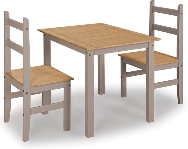 Corona Dining Table Set 2 Seater Grey Solid Mexican Pine Wood Dining Table With 2 Chairs