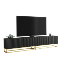 Modular TV Unit 200cm Black Matt with Fluted Fronts and Gold Base Black One Size 1