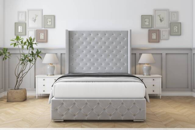 "Sloomy Arundel Silver Plush Bed Frame With 50"" Upholstered Wingback Headboard 2'6 Small Single"