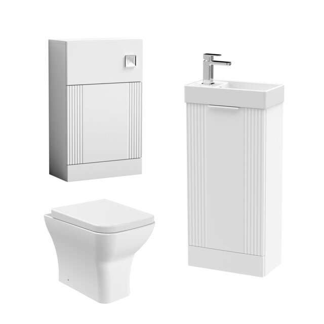 Balterley Retro Cloakroom Bundle - Fluted Floor Standing Vanity Unit, WC Unit, Cistern, Toilet Pan & Tap - Balterley White Satin White