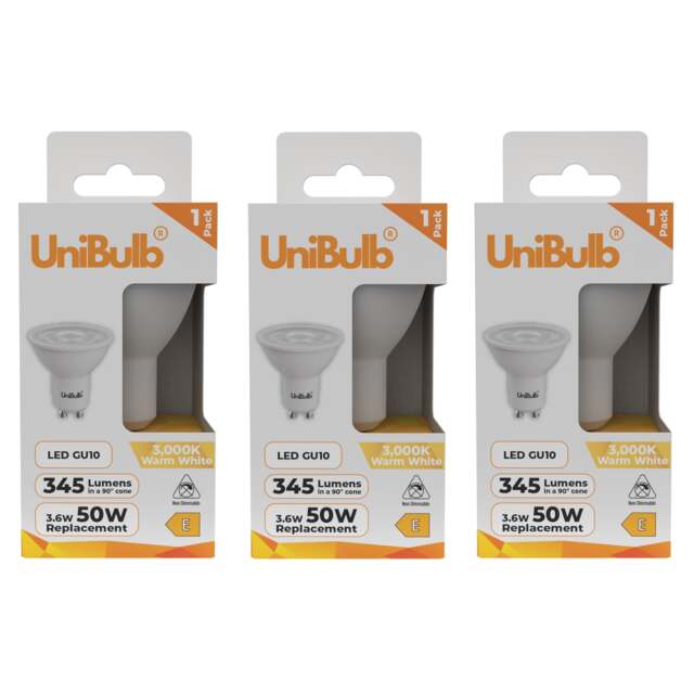 UniBulb LED GU10 345lm 3.6W (Replaces 50W) 3000K (Warm White) Spotlight Downlight Light Bulb - Pack of 3