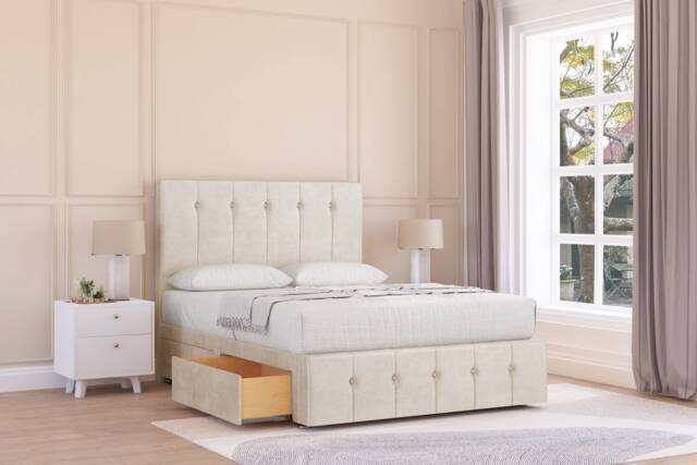 "Sloomy Cambridge Cream Plush Divan Bed With Mattress 4 Drawers With 26"" Strutted Headboard & 12"" Matching Footboard 4'6 Double Cream Cream Double 1"