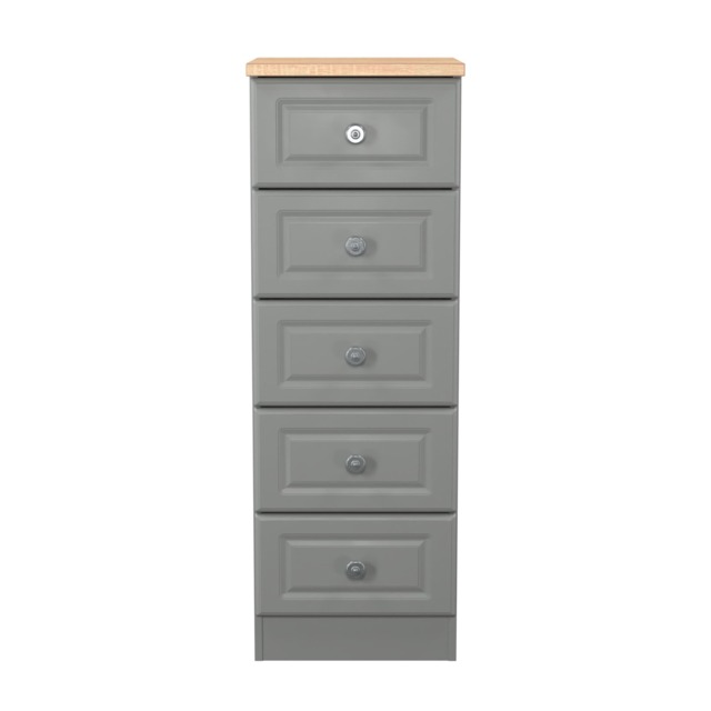 Surrey 5 Drawer Tall Bedside Cabinet in Dusk Grey & Bardolino Oak (Ready Assembled) Grey Dusk Grey & Bardolino Oak