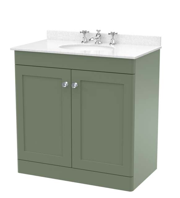 Balterley Swynnerton Traditional 2 Door Floor Standing Vanity Unit with Marble Basin, Satin Green, 800mm