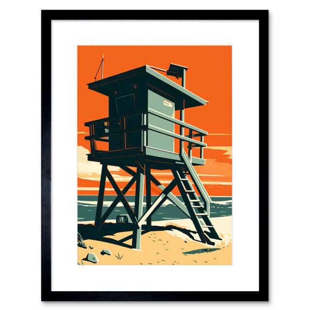 "Lifeguard Tower Pastel Orange Teal Blue Beach 9x7"" Black Framed Wall Art Print"