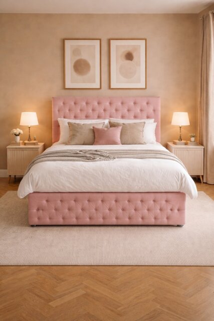 Double pink chesterfield divan bed plush with headboard and footboard storage 2 Drawers Right Side Laying in Bed