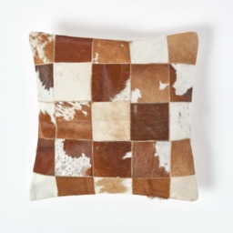 Homescapes Beige and Cream Real Leather & Goat Hair Small Check Cushion with Feather Filling - 45 x 45 cm Cream Beige 1