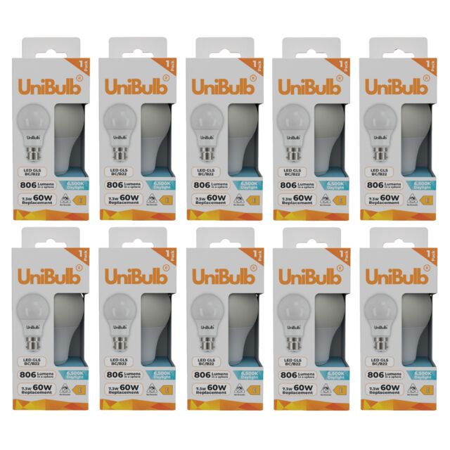 UniBulb LED GLS B22 Bayonet Cap (BC) 806lm 7.3W (Replaces 60W) 6500K (Daylight) Light Bulb - Pack of 10 White Daylight 10