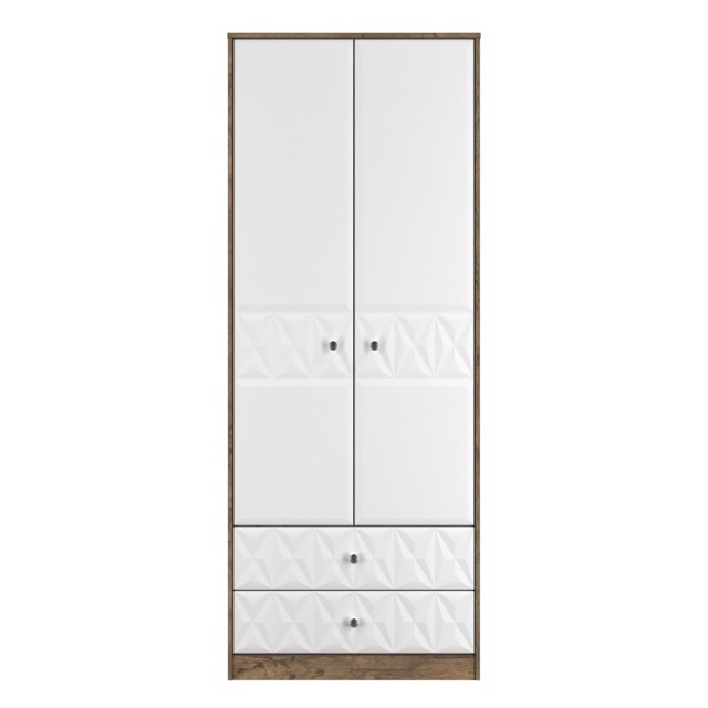 Memphis Tall 2 Drawer Double Wardrobe in White Matt & Vintage Oak (Ready Assembled) White White Matt & Vintage Oak