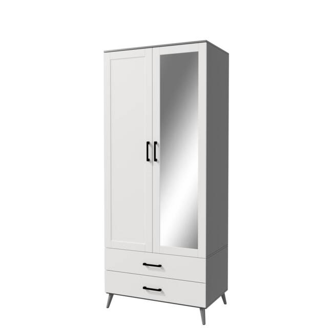 2-Door 2-Drawer Mirror Wardrobe with Legs Grey Grey & White 55 x 9.5 x 149 1